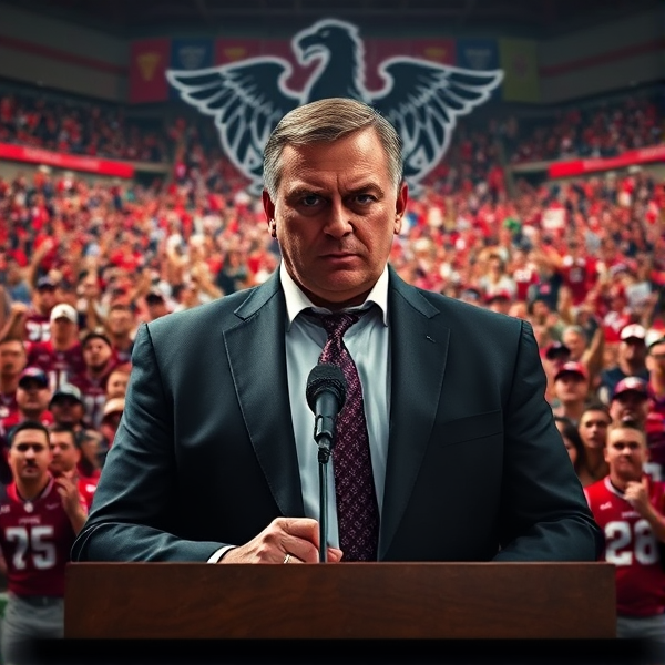 Sure! Here's a detailed description for the image you requested:

In the foreground, the football coach from Louisiana Lafayette stands imposingly at a podium. His expression is dark and intense, with a furrowed brow and piercing eyes that convey an air of malevolence. He is dressed in a sharp, authoritative outfit that contrasts sharply with the typical sports attire, hinting at his desire for dominance. His posture is commanding, with a clenched fist or a raised finger as if delivering a powerful speech.

Behind him, a large crowd of supporters fills the scene. They are cheering loudly, but their expressions range from fervent enthusiasm to uneasy apprehension, reflecting the coach's growing influence and the underlying tension of his ambitious, dictatorial aspirations.

In the background, the stadium or arena is filled with banners and flags representing the team, but they are overshadowed by a large, imposing emblem or symbol that represents the coach’s new, authoritarian regime. The atmosphere is electric but carries an undertone of uncertainty, as if the crowd is caught between admiration for the coach and worry about his extreme ambitions.

The contrast between the coach's dark demeanor and the vibrant, supportive crowd creates a dramatic and unsettling scene, emphasizing his desire to rule the league despite his team's current shortcomings