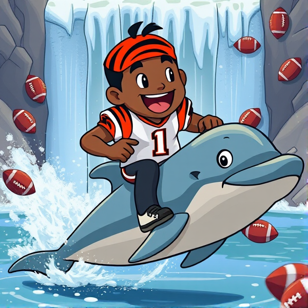 Cartoon Jamar chase  wearing number 1 for the Cincinnati bengals riding a dolphin at a waterfall chasing footballs