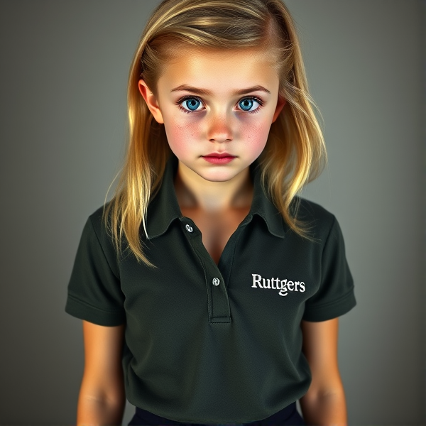 A photorealistic image of a youthful, blonde teenage girl with large, vivid blue eyes and delicate light freckles scattered across her cheeks. She stands in a full front body pose, clad in a dark green-gray polo shirt featuring subtle white lettering that reads "Ruttgers" near the left side of her chest. Her attire is completed with a sleek black mini skirt. The overall tone should convey the natural beauty of youth without excessive color saturation or makeup.