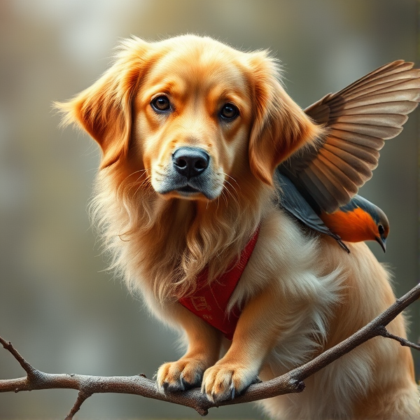 A majestic creature that combines the features of a golden retriever with those of a Robin, showcasing the soft golden fur and friendly eyes of the retriever seamlessly blended with the red-breasted plumage and wings of a Robin, perched gracefully on a branch