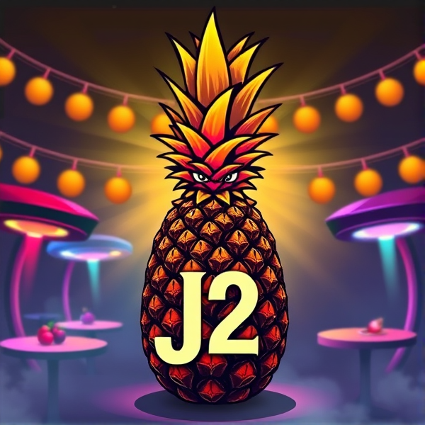 Conception d'un logo luxueux et détaillé, représentant un ananas stylisé aux traits exotiques et artistiques au centre d'une scène festive. Les initiales "J2" sont intégrées de manière originale et bien visible dans le design, avec une touche créative qui les fond dans l'image sans les dissimuler. L'ananas affiche un visage expressif qui ajoute un caractère unique à la composition.