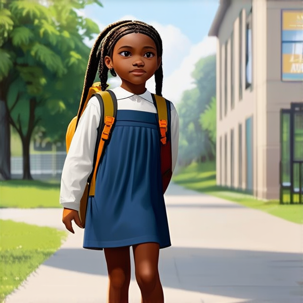 jolie petite fille noire de 8ans en robe avec des tresses africaines avec un sac à dos devant l'école