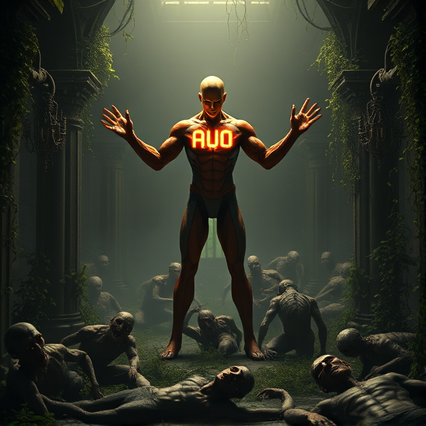 Saitama with the letters "AUO" glowing with flames on his chest, standing triumphantly over dead zombies.