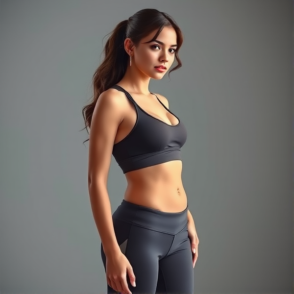 Elegantly stylized portrait of a teenage girl, embodying classical beauty with idealized proportions: a very large  bust, dramatically tapered waist, shapely hips, and full thighs that contribute to her pronounced hourglass figure. She is clad in form-fitting leggings and a supportive sports bra that tastefully accentuates her curves