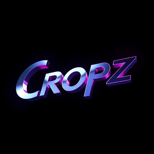 Highly detailed, high-contrast 3D logo of "CROPZ" designed in a sleek, stylish sans-serif and bold font, dynamically leaping from a pitch-black backdrop with intense and strategic illumination by the Capcut app logo. The logo features futuristic curves that are both sharp and fluid, exhibiting smooth metallic surfaces that reflect light, creating a sense of excitement and dynamism. Rendered to exhibit a rich and vivid Pixar-animation style characterized by crisp lines, pronounced geometric shapes, with an emphasis on vibrant color palettes and glossy finishes. Utilization of advanced rendering techniques inspired by Unreal Engine's realism, Octane Engine's lightning-fast ray tracing abilities, and V-Ray's global illumination for heightened visual impact. The overall aesthetic is amplified to be exaggeratedly surreal with a sci-fi inspiration that is strikingly eye-catching without any trace of subtlety or minimalism