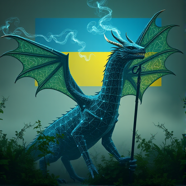 An intricately designed, streamlined wyvern, with a wing on each side of its body. The wyvern's scales are a masterpiece of detailed circuit patterns that shimmer with a lifelike electrical pulse. From its nostrils, ethereal streams of digital smoke curl upwards, timed with the deep, resonant roars that showcase its electrified sharp fangs. The wyvern is holding a Caduceus staff in one hand. As a respectful nod to tribute and unity, incorporate elements of the Ukrainian flag within the composition. This majestic creature resides in a desolate post-apocalyptic landscape that accentuates its powerful presence. In the background is the Ukrainian flag, a rectangle, with the top half blue and the bottom half yellow.