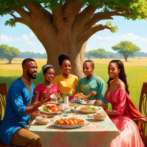 prompt: Un grand repas de famille traditionnel en plein air sous un baobab en Afrique, avec des plats locaux colorés et variés, des fruits exotiques, une grande nappe colorée, des hommes et femmes africains vêtus de tenues traditionnelles multicolores souriants et partageant un moment convivial