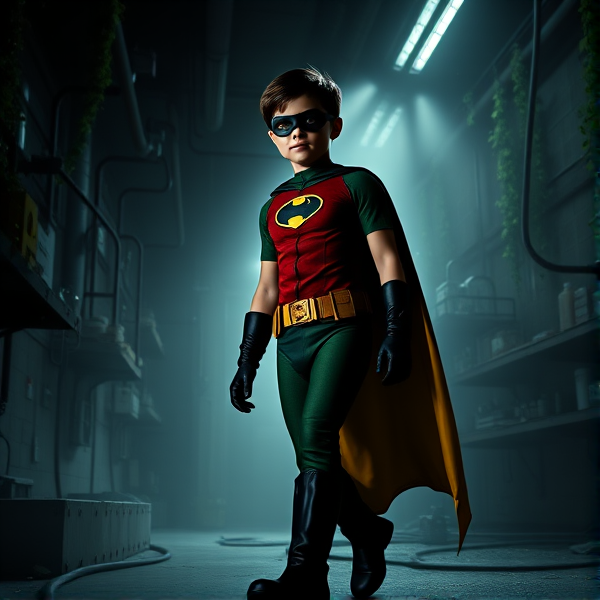 Movie Scene: A medium, preteen 12-year old boy with light skin and dark brown hair named Connor Bardley, but dressed as Robin, The Boy Wonder, with an extremely muscular body, a sleek green suit with a red torso with a black circle with a yellow R symbol on his left pectoral, a gold utility belt, black boots, black long-cuffed gloves, a big, heel-length, ultra-wide cape that's black on the outside and yellow on the inside, and a black eye mask. He has a special code: HE DOES NOT KILL. Young 12-year old Connor Bardley, now Robin, The Boy Wonder, is seen walking through a dark laboratory at night, looking for clues to the mystery he is trying to solve.