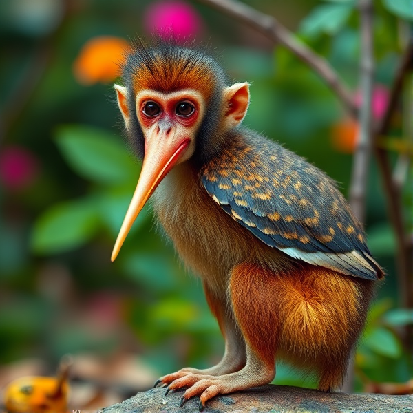 A whimsical fusion of a monkey and a kiwi bird, blended seamlessly to create a unique, fantastical creature with the playful features of a monkey and the distinctive characteristics of a kiwi bird, set against a vibrant natural background that accentuates the creature's quirky appearance