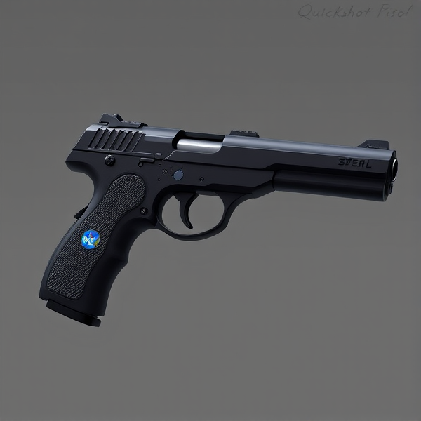 For the **Quickshot Pistol**, here's a detailed description of its appearance:

**Appearance:**

- **Design:** Sleek and modern with a streamlined, aerodynamic shape to emphasize speed and agility.
- **Finish:** Polished, matte black metal with subtle blue accents or highlights to give it a high-tech look.
- **Grip:** Ergonomic, textured grip for better handling, potentially featuring a unique pattern or small Scout-themed logos for added personality.
- **Barrel:** The barrel is slightly elongated but narrow, contributing to its high accuracy. It might have a small muzzle brake or a streamlined tip to enhance its futuristic design.
- **Sights:** Minimalistic iron sights, or possibly a small red dot sight integrated into the top of the pistol for a high-tech appearance.
- **Detailing:** Small, functional-looking dials or gauges on the side, adding to the impression of advanced technology.

This appearance aligns with the Quickshot Pistol’s high-speed, agile nature, giving it a sleek and futuristic look that fits well with Scout’s fast-paced style.