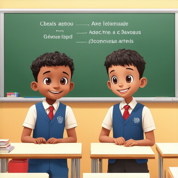 deux garçons noirs de 14 ans, vêtue d'uniforme scolaire , debout souriante et concentrée devant un tableau noir rempli de regles d'orthographe en français  dans une salle de classe ensoleillée et colorée avec des bureaux en bois et des affiches éducatives sur les murs