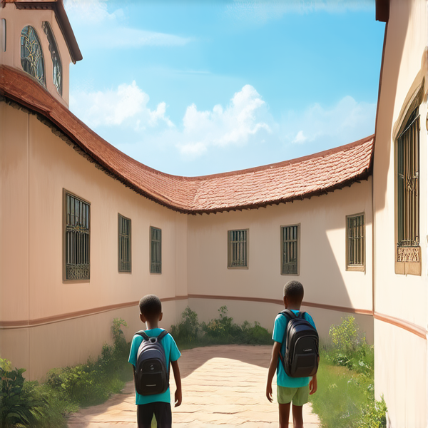 bâtiment d'une école primaire typique au gabon avec des enfants noirs avec des cartables jouant dans la cour, sous un ciel bleu clair