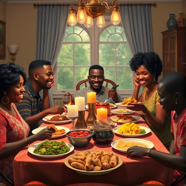 A lively African American family gathering around a richly adorned dinner table, sharing a traditional soul food meal with dishes such as fried chicken, collard greens, macaroni and cheese, cornbread, and sweet potato pie, all set in a warm and inviting dining room filled with laughter and storytelling