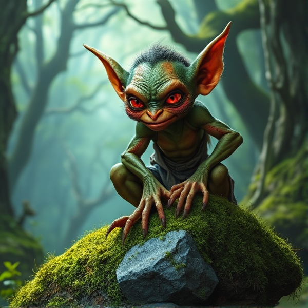 Gremlin perched on a mossy rock in an enchanted forest, its skin a textured combination of green and brown hues, with piercing red eyes and sharp pointed ears, wearing tattered clothes