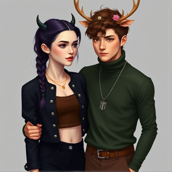 A woman with fair skin and dark dark purple hair braided into a single braid. She has short small black horns that barely poke out past her hair. She has a gold necklace. She wears a cropped black jacket with silver buttons, a brown crop top underneath, and high waist black pants. Next to her is a pale skinned man, slightly taller than her, with short brown very curly hair. He has deer antlers with flowers on then and a deer nose. He has a silver necklace. He wears a green turtleneck and brown pants. They are in love, hugging one another