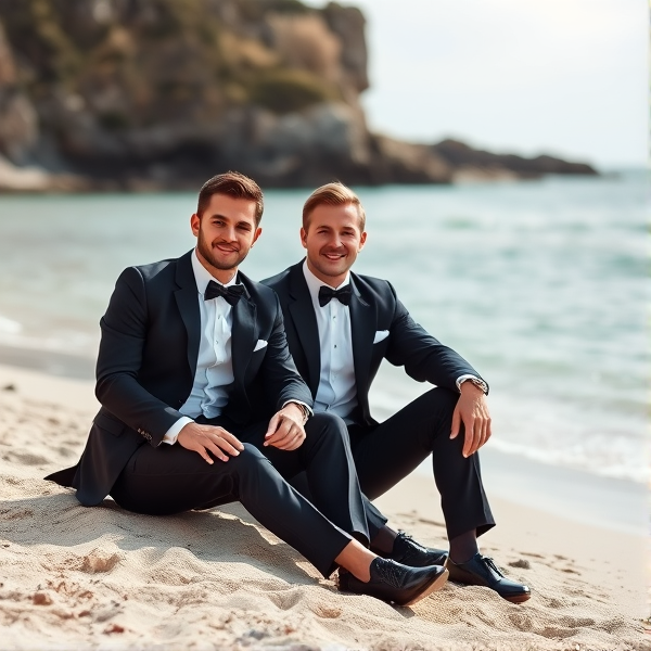 Two men in black and white suits sitting on the beach