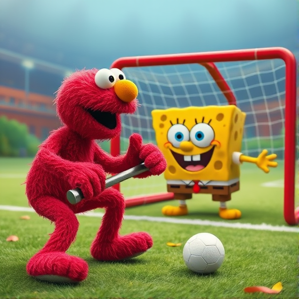 Elmo in position to shoot free shot with SpongeBob being goalie