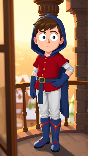 3D CGI: Clyde Donovan from South Park, light skin and brown hair, but as a 14-Year Old, dressed as a medieval prince with a red shirt with white sleeves, a black belt with a gold buckle, white pants, blue boots, blue long-cuffed gloves, and wreathed in a big blue hooded cape, now known as Prince Donovan. Despite still being a kid, he is the Youngest Ruler of South Park, Colorado, but now reborn as the real life Kingdom of Kupa Keep, Zaron, and Prince Donovan is its youngest and greatest hero. The young teenage prince of Kupa Keep is currently standing on his bedroom balcony in his new home of Kupa Keep Castle, looking at the amazing view of his newfound kingdom that was once the small mountain town he knew before.
