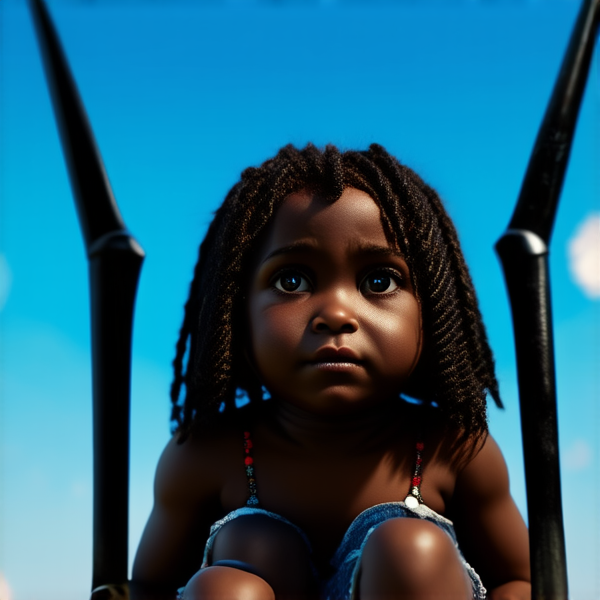 une fillette de 8 ans noir avec des tresses africaine assise sur les genoux de sa mere avec un balai à la main qui fait le menage avec ses deux freres noirs