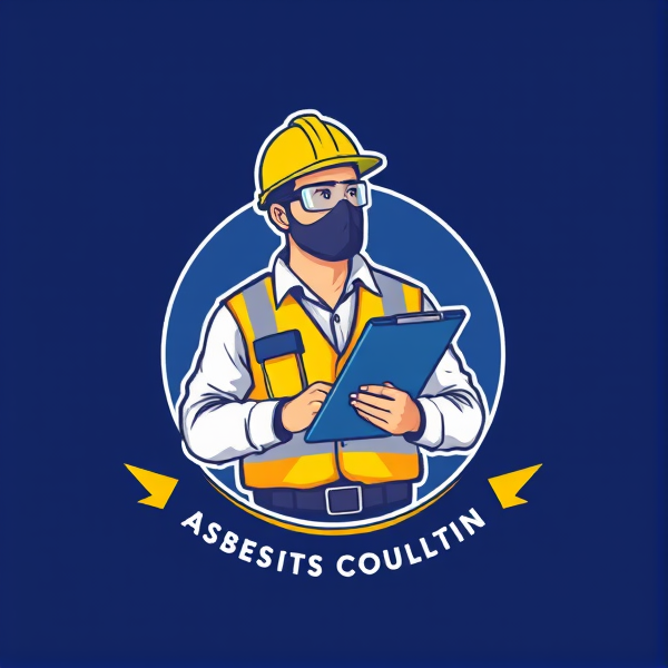 logo for S.A.S Asbestos Consulting featuring a professional asbestos assessor with safety gear and a clipboard, inspecting job site