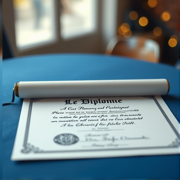 Diplôme écrit en français posé sur une table  bleue