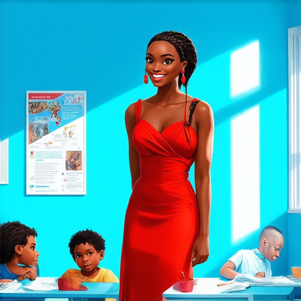 African female teacher with intricate braided hair, with african dress smiling as she stands in a vibrant classroom surrounded by diverse, attentive children sitting at their desks with educational posters on the walls and sunlight streaming through the windows