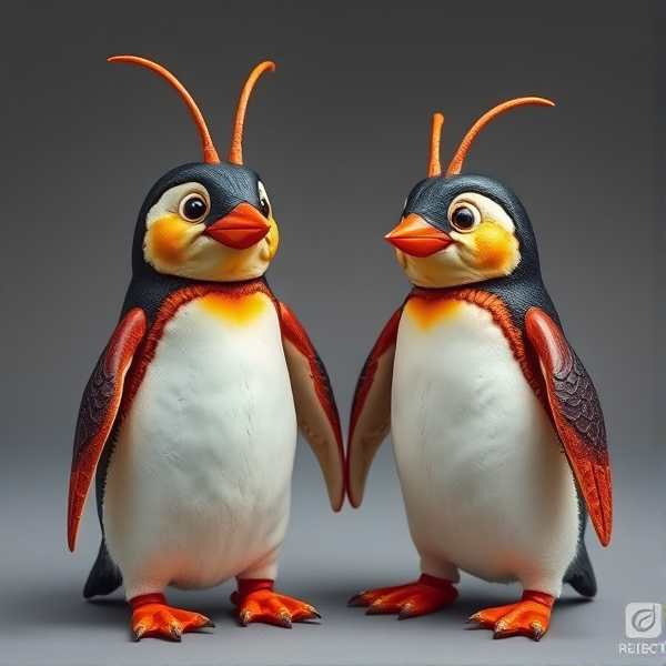 Two anthropomorphic penguin lobsters, each with the intricate detailing of a lobster's exoskeleton combined with the charming characteristics of a penguin, such as flippers and a white belly.
