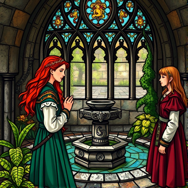 Medieval stained glass of a  Red haired young teenage Arthurian princess, and a young blonde haired medieval gardener boy visit a secret medieval Arthurian Garden with a fountain that has lion and dragon carvings. A brown haired servant girl stands in the corner