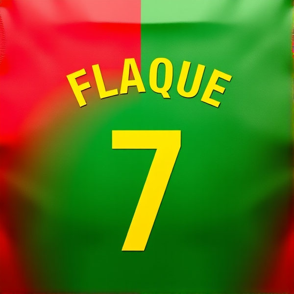 Generate an image of a glossy background which is only made out of one vertical red line and another vertical green line with the words FLAQUE on the top in yellow print with the number 7 under in higher yellow print sort of a zoomed in Portugal soccer jersey with the print I asked for RED AND GREEN