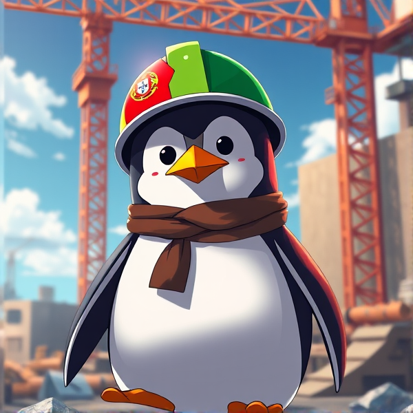 Pingouin dans un chantier avec le drapeau Portugais sur le casques