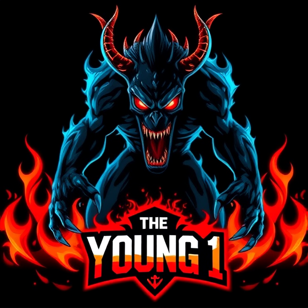 Fantasy football make me a monster called the young 1 and make a logo at the bottom called The Young 1 make the logo bigger and the monster scarier and bigger make the background black with flames of red and blue