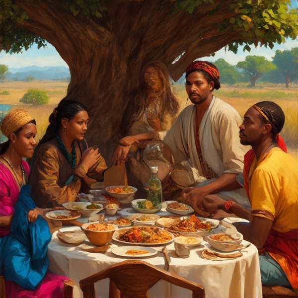 A traditional family meal in an African village setting with a variety of indigenous dishes, people dressed in colorful ethnic attire, engaging in lively conversation under the shade of a large tree