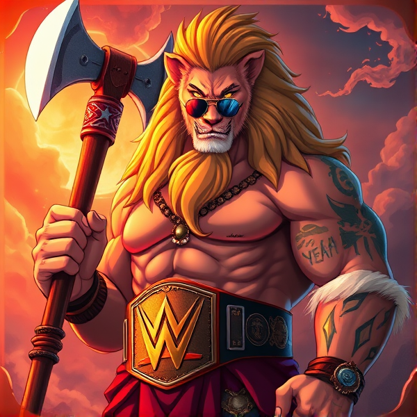 Un lion barbare dieux du soleil, il tien une hache dans la main, avec des poils de lion et une carrure imposante et avec la ceinture de la wwe le catcheur et ces lunettes de soleil, il a un tatoo sur le bras écris YEAH!