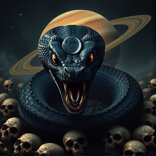 a dark black matte snake with the sun and moon for eyes and both eyes showing with an open mouth showing it’s teeth in a field of sculls and a Saturn behind it in realism art style