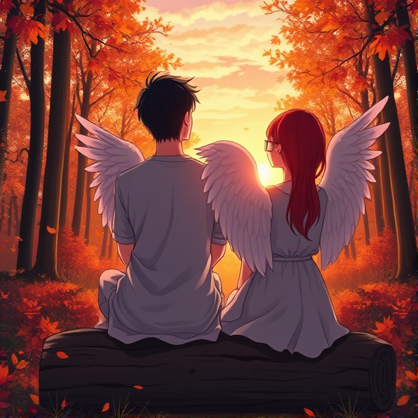 Black haired Caucasian male angel and red haired Caucasian female angel wearing glasses, sit on a log together in an Autumn forest watching the sunrise in the style of anime