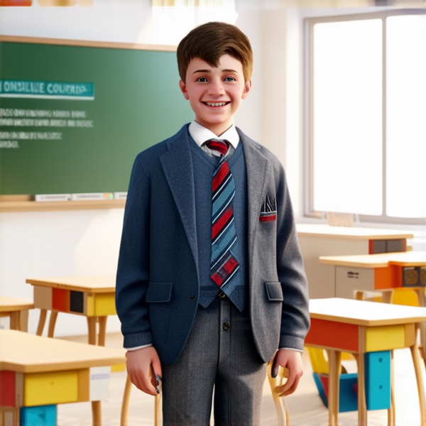 deux garçons  de 14 ans, vêtue d'uniforme scolaire , debout souriante et concentrée devant un tableau noir rempli de regles d'orthographe en français  dans une salle de classe ensoleillée et colorée avec des bureaux en bois et des affiches éducatives sur les murs