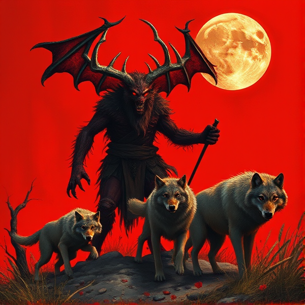 Red background a chaste monster hunting for wolves