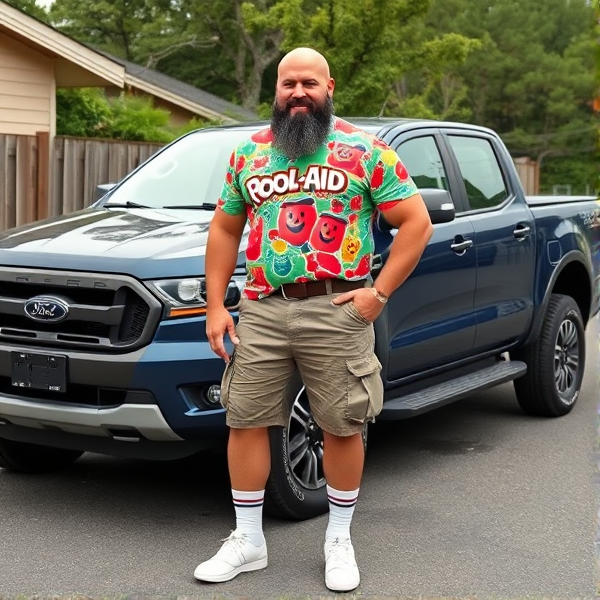 A bald 300 lb muscular man with a beard wearing cargo shorts, a kool-aid man shirt, white socks, sketchers shoes, standing next to a navy blue Ford ranger