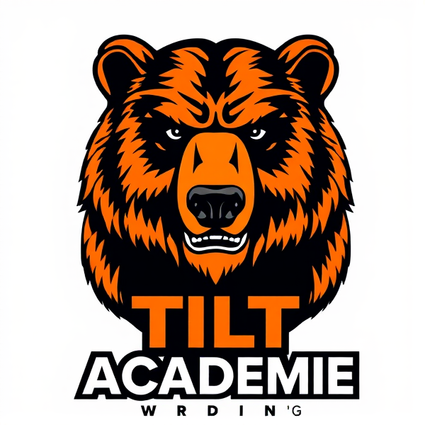 Conception d'un logo sophistiqué avec un ours grizzly majestueux et imposant, illustré avec des détails fins et réalistes, dans des teintes éclatantes d'orange et de noir. Le grizzly doit être représenté dans une pose noble qui reflète sa puissance. Incorporer le texte 'Tilt Académie' avec une typographie élégante et moderne qui s'harmonise parfaitement avec l'image, créant ainsi un ensemble cohérent et esthétiquement agréable. Les lettres doivent se fondre naturellement dans la conception sans perturber l'image du grizzly. Style artistique raffiné requis pour une image de haute qualité professionnelle.