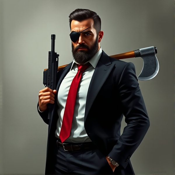full-body portrait of John Abraham Marston, the epitome of a rugged, elite operative. His hair is a sharp, jet-black and clean cut, complemented by a precisely shaped beard along his jawline that underscores his stoic endurance. An advanced tactical eyepatch conceals his left eye, with a deep scar below it marking a history of intense combat and partial sight loss. Exuding an effortless command presence, he stands in a tailored white shirt tucked into sleek black trousers supported by glossy leather suspenders. A striking red tie provides a dash of vibrancy to his attire. The outfit is completed with an elegant black blazer tailored with hidden Kevlar lining for unobtrusive protection – indicative of the perilous nature of his profession. Polished dress shoes convey the gravity of his role. John Marston's readiness for confrontation is apparent through the Desert Eagle featuring a black and custom green laser sights for unrivaled precision. Crossed on his back are his trusted melee weapons: a sharp katana and a heavy-duty fireman's axe representing his preparedness for close-quarters battle. These details reflect his dedication to "the agency," tasked with clandestine operations even as he copes silently with alcoholism to dull the edge of PTSD from past service encounters. Visible on his left arm are sophisticated cybernetic implants – remnants of former experimental augmentations