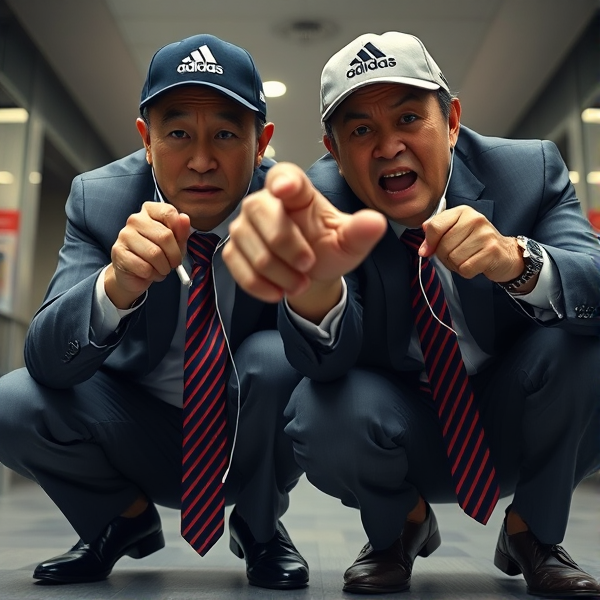 Deux  différents hommes d'affaires japonais puissants mature  accroupis et faché  portant des casquettes Adidas  et des cravates rayées longues  bleue rouge et oreillettes Apple 
Ils sont complices et conquérants , ils dominent 
 , accroupis pas trop et regard fort

Ils sont hypnotisant du regard , amis, complice , envoûtant , charismatique 
Ils se tiennent par les épaules , il fixent l objectif de la caméra,  faché pointing 

Vue contreplongée
Vue contreplongée 
Vue contre plongée