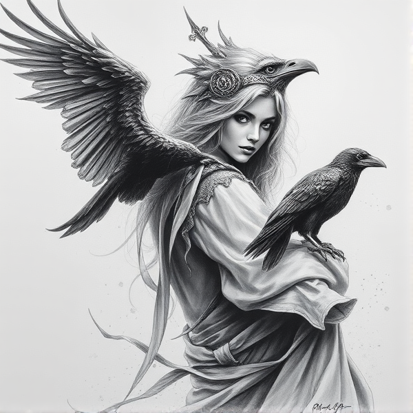 Personnage magique avec corbeau sur l'épaule