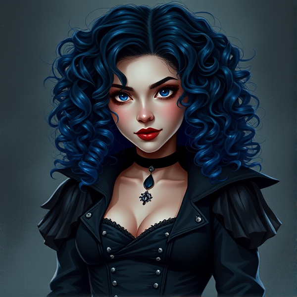 19 year old girl, villain, black and blue curly hair, villain clothes