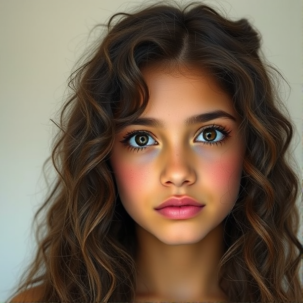 A 16 yearold girl with long naturally super curly dark brown hair, short eyelashes,  brown eyes, medium natural curved eyebrows, medium natural thick pail lips, slight tan skin, . In high realism