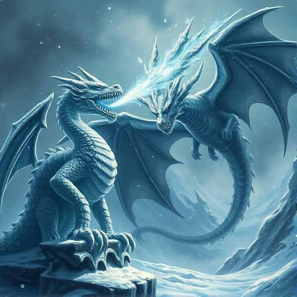 Dark fantasy painting, an intricately carved ice dragon statue stands fiercely, emitting a powerful beam of ice from its open beak, directed towards a majestic, five-headed dragon, Tiamat, soaring amidst the chaos of a raging blizzard storm, with snow and wind swirling around the scene