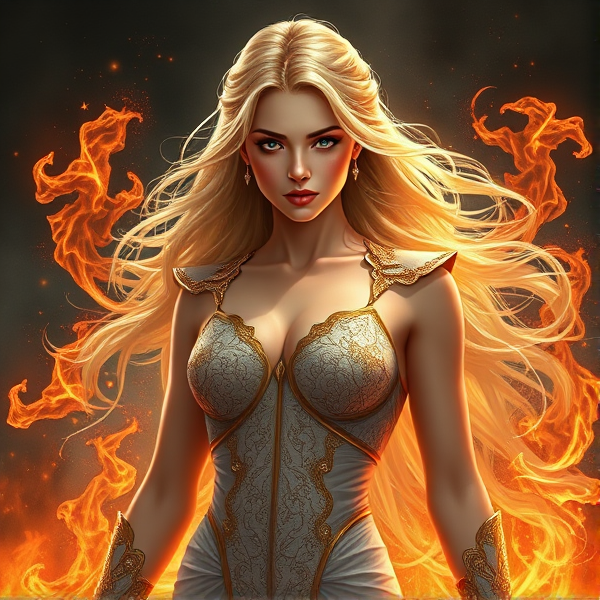 Blonde woman with fire powers standing