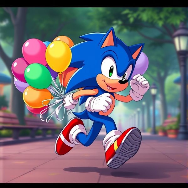Sonic the Hedgehog in dynamic running pose, clutching a vibrant bouquet of assorted 16-inch balloons, set against the backdrop of a lively park scene, rendered in vivid anime style
