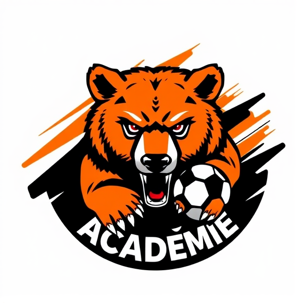 Conception d'un logo rond et percutant pour 'Tilt Académie', école de football. Au coeur du design, un ourson grizzly dessiné avec une précision extrême et un sens artistique raffiné, incarnant la puissance et la ténacité. Il est entouré par des éléments graphiques abstraits qui évoquent dynamisme et passion pour le football : des lignes fluides et rapides ainsi que des formes géométriques vibrantes et énergiques. La palette de couleurs est dominée par un orange vif et un noir intense, offrant un contraste frappant. Le design doit se démarquer en capturant l'essence du jeu compétitif avec l'ourson prêt à se lancer dans l'action. Il est focus mais pas méchante.Le nom 'Tilt Académie' s'intègre harmonieusement autour de l'élément central dans une police moderne et saisissante. Un ballon de football est intelligemment incorporé au logo afin d'en souligner l'appartenance au monde du football. L'esthétique générale doit allier tradition sportive à une touche innovante, rendant le logo idéal comme emblème d'un club sportif.Plus orange que de noire, logo de soccer.Seulement orange et noire,le nom Tilt Académie à l'entoure du logo mais pas à l'extérieur