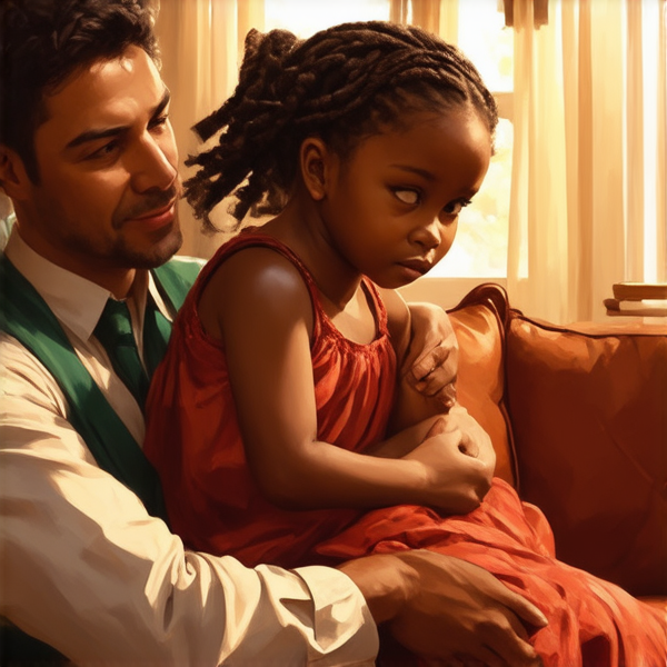 An 8-year-old African girl with intricate traditional braided hair, sitting comfortably on her mother's lap, both exuding a warm and nurturing atmosphere. The mother is depicted as loving and protective, embracing her daughter in a cozy, homelike setting and there are his father also with her