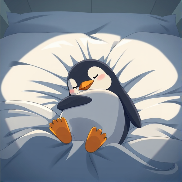Pingouin qui dort dans un lit avec une couverture, sans les pieds